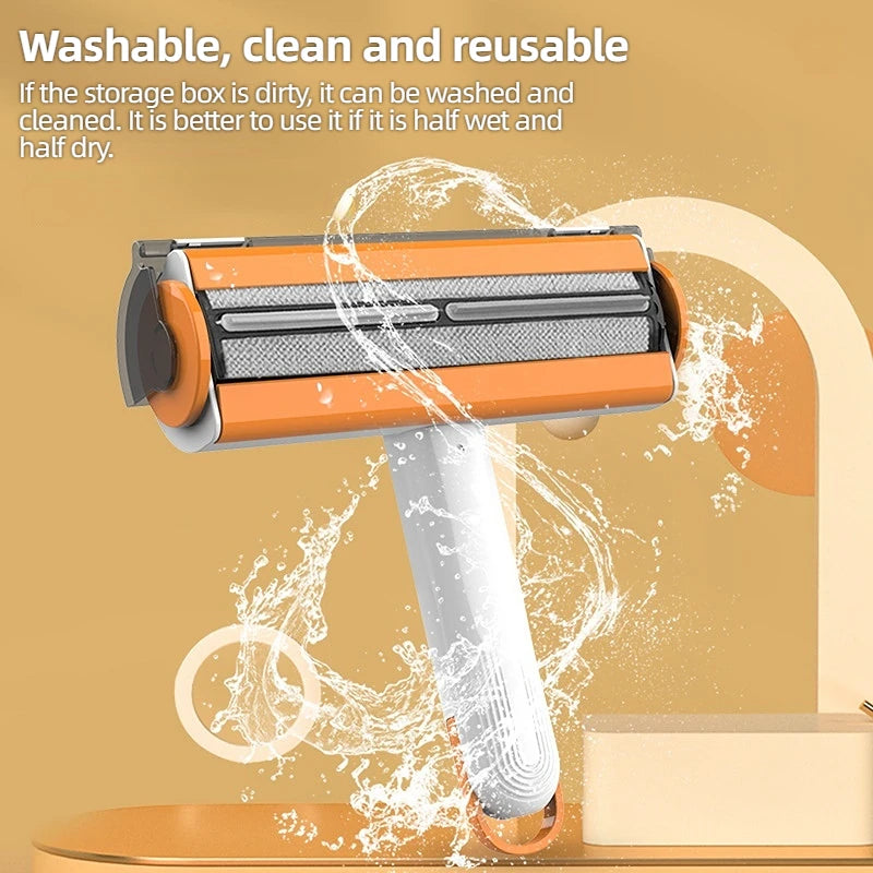 Washable pet hair removal roller with self-cleaning base