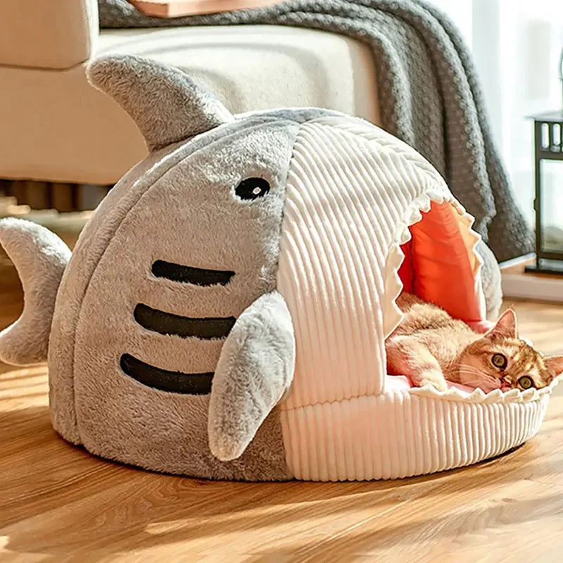 Cozy shark-themed sleeping cave for cats and small dogs