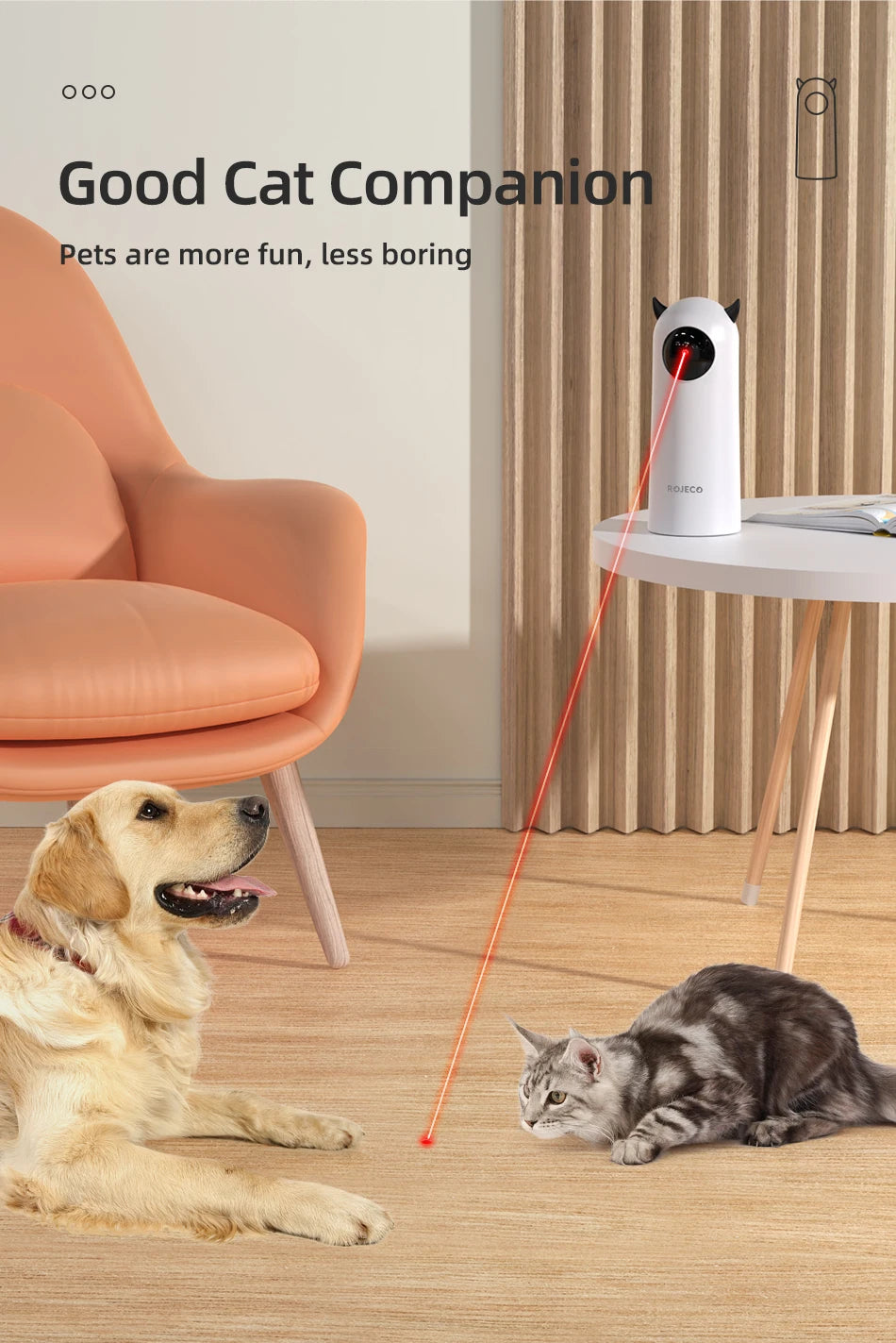 Cat chasing red laser from interactive smart toy