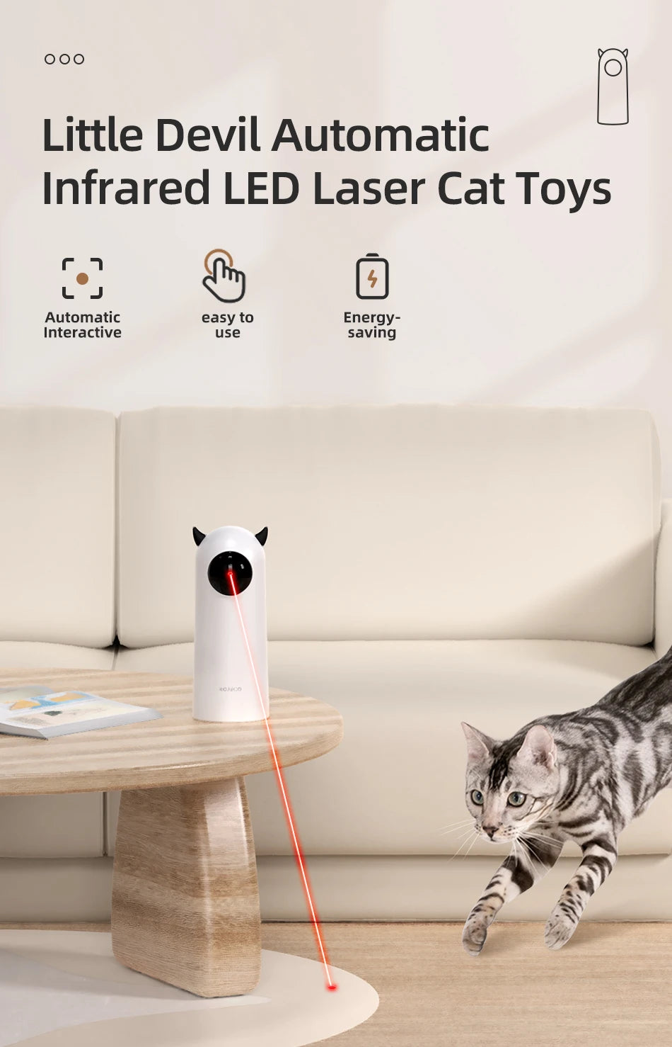 Cat chasing red laser from interactive smart toy
