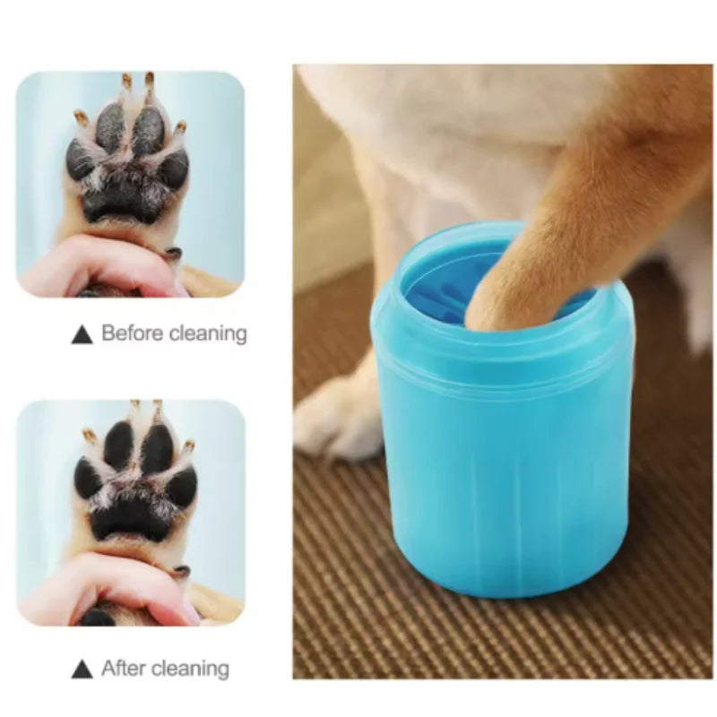 Dog paw being cleaned in silicone brush cup cleaner