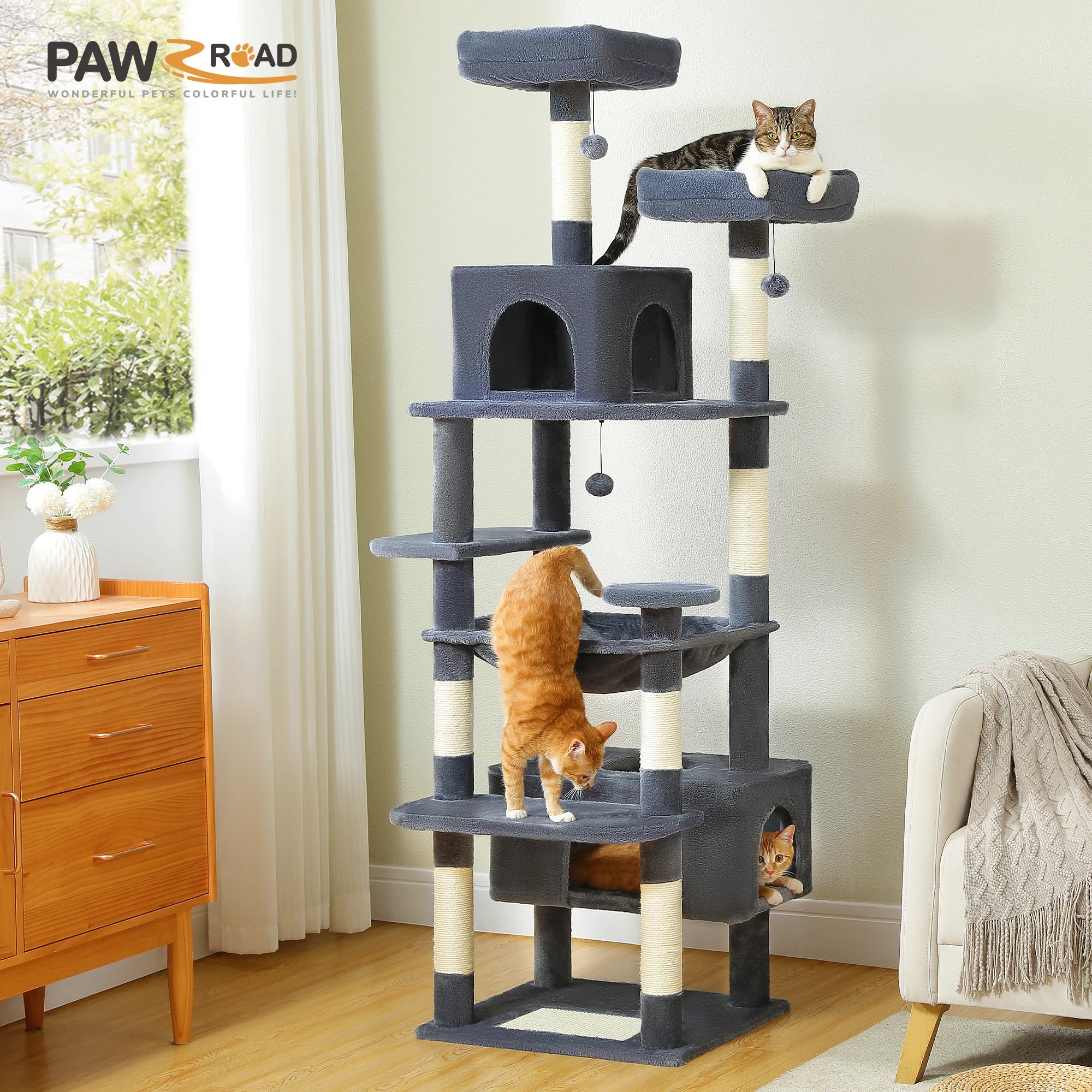Large cat tree with multiple perches and cozy condos for indoor cats
