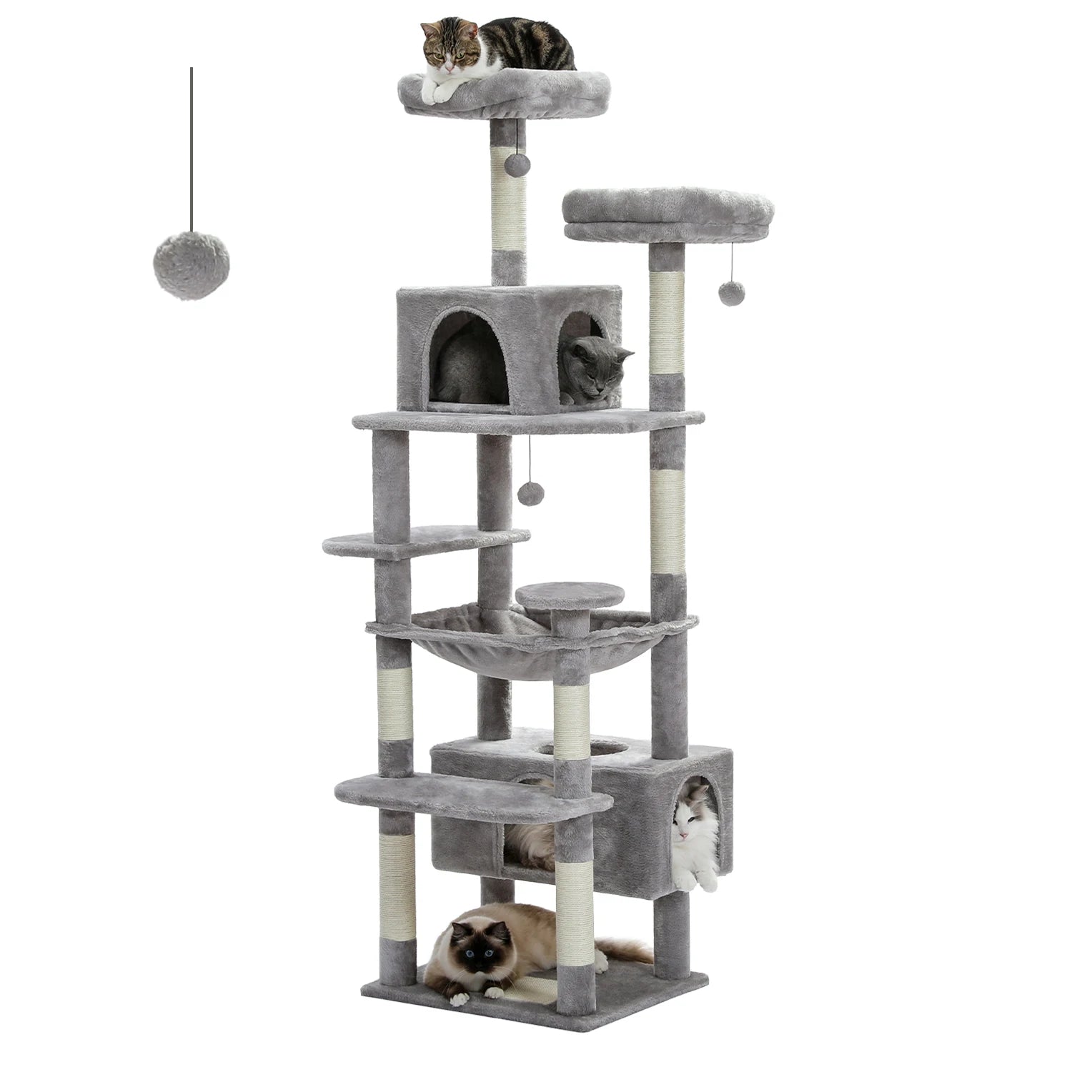 Large cat tree with multiple perches and cozy condos for indoor cats