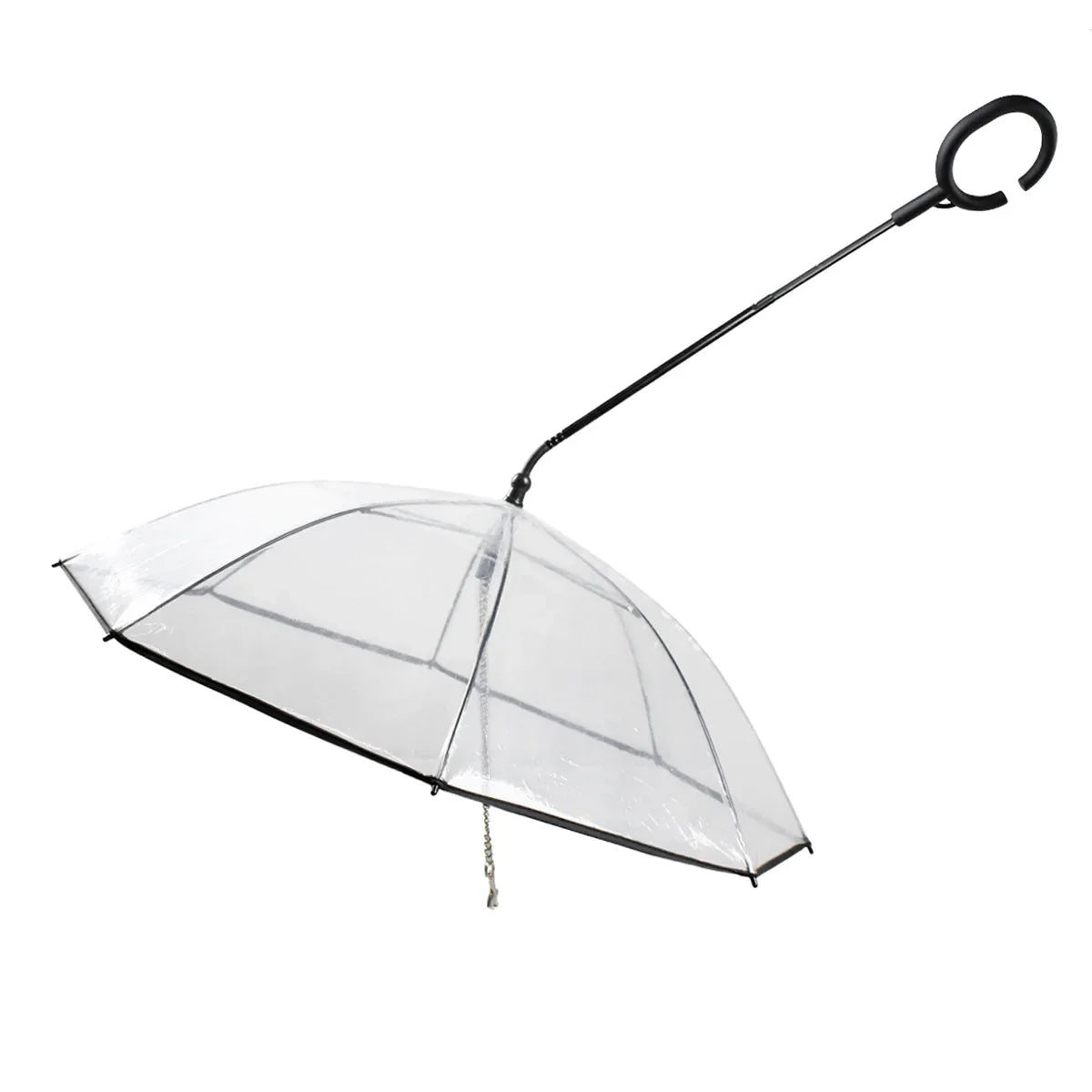 Transparent pet umbrella showing full rain coverage for dogs