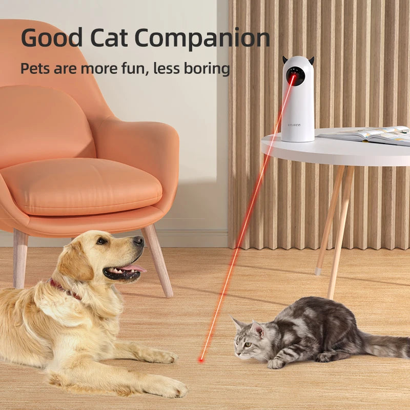 Cat chasing red laser from interactive smart toy