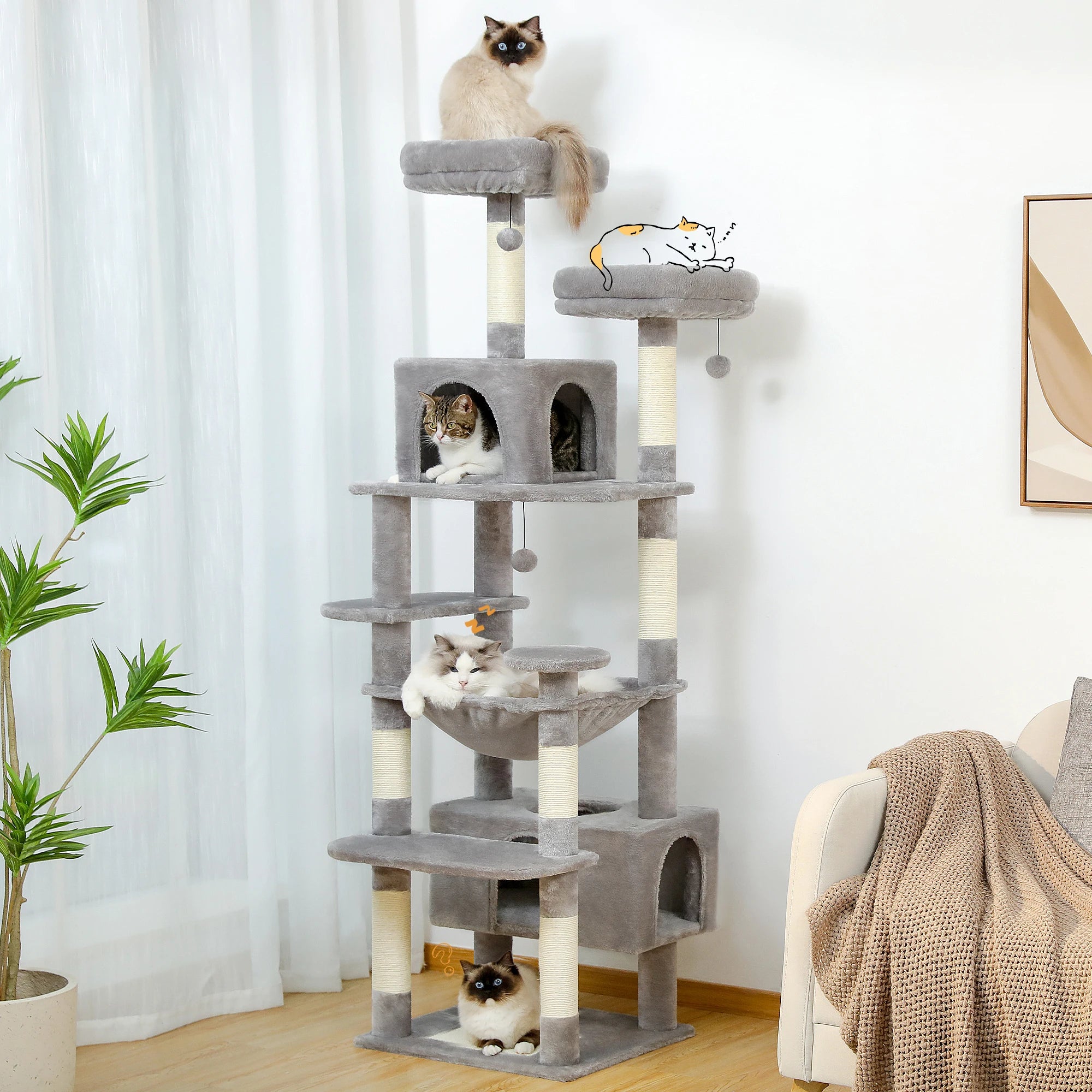 Multi-level cat tree tower with sisal scratching posts and hammock