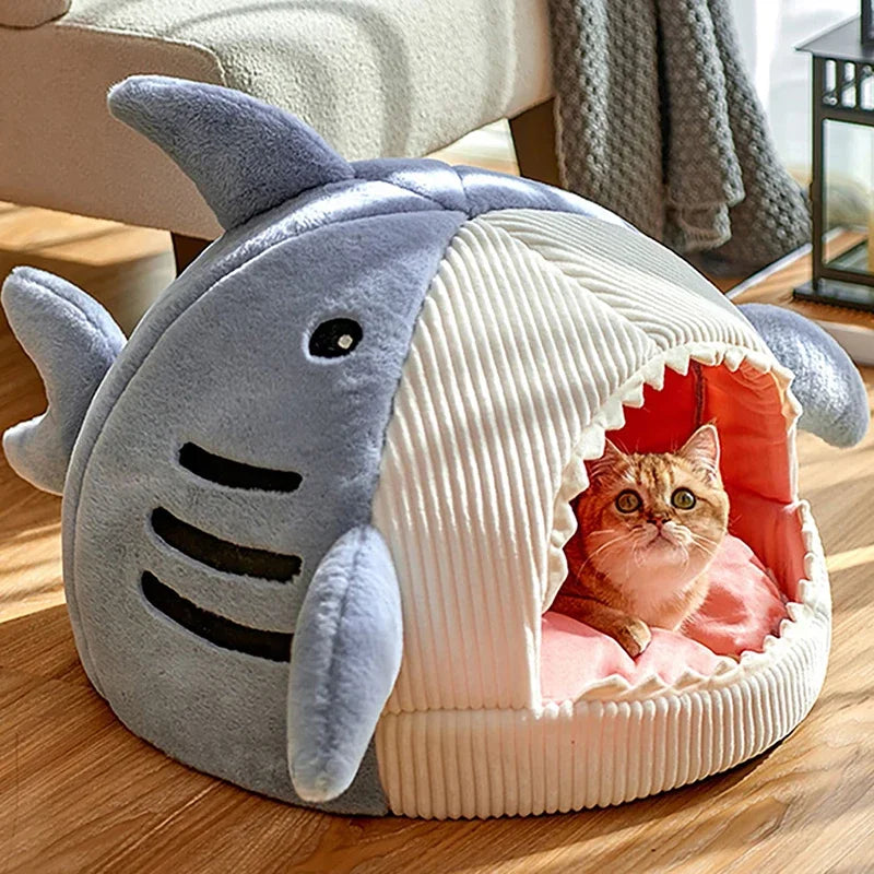 Shark-shaped plush pet bed in gray for cats and small dogs