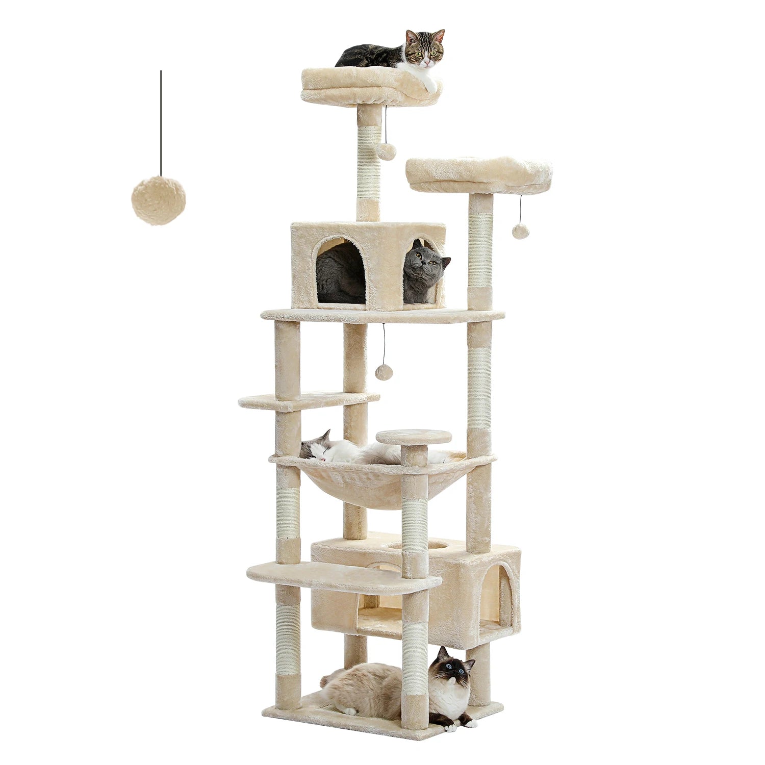 Large cat tree with multiple perches and cozy condos for indoor cats