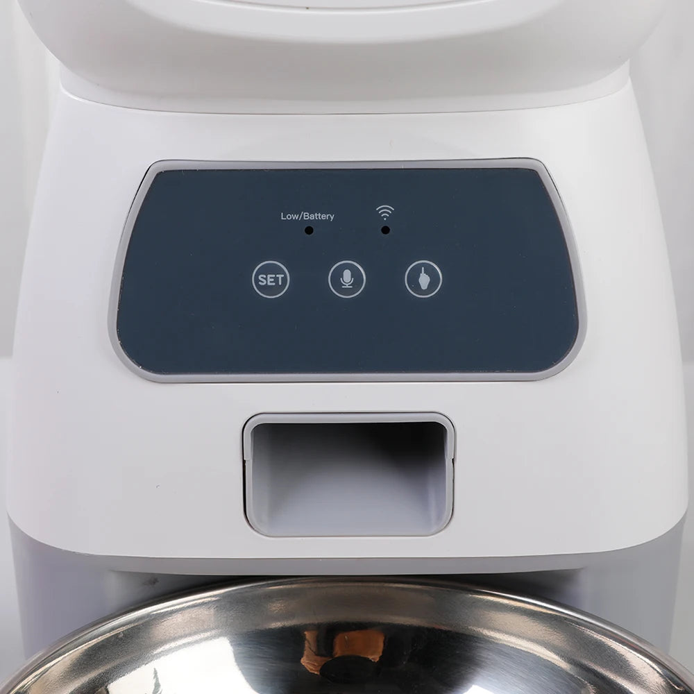 Automatic pet feeder showing food dispenser and bowl