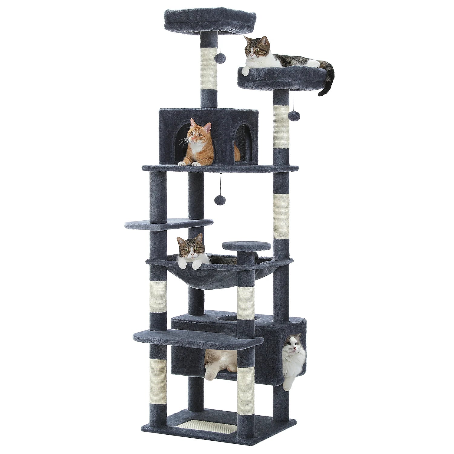 Large cat tree with multiple perches and cozy condos for indoor cats