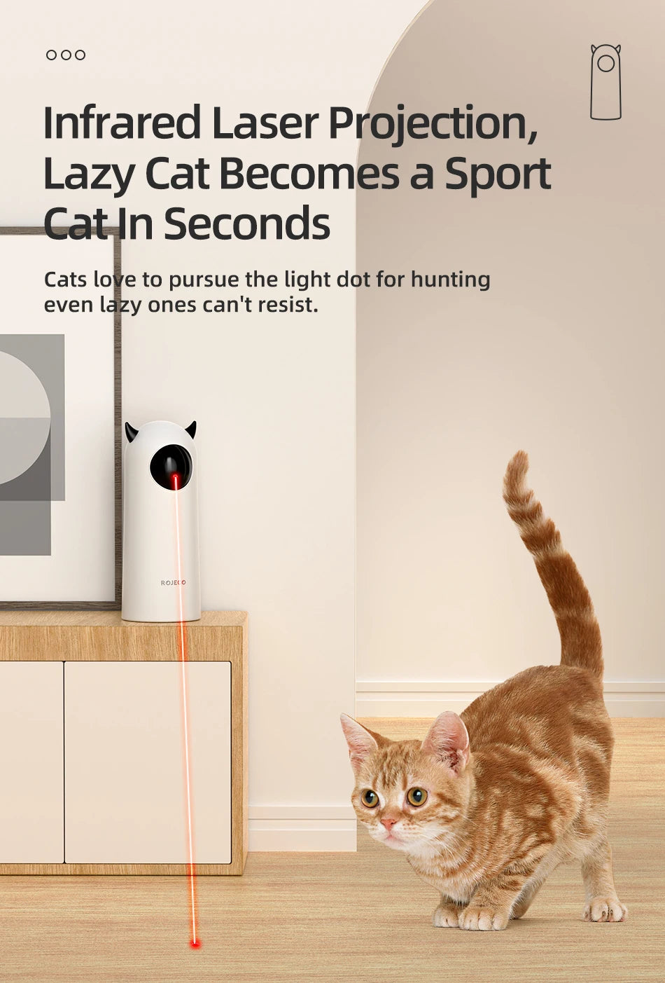 Cat chasing red laser from interactive smart toy