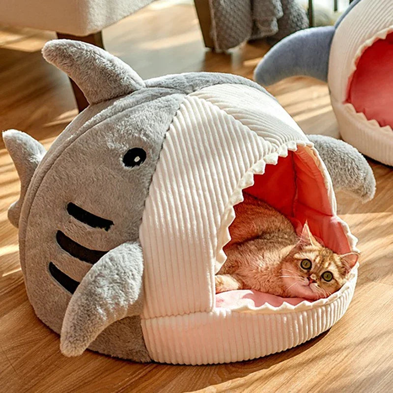 oft plush shark pet bed with open mouth entrance