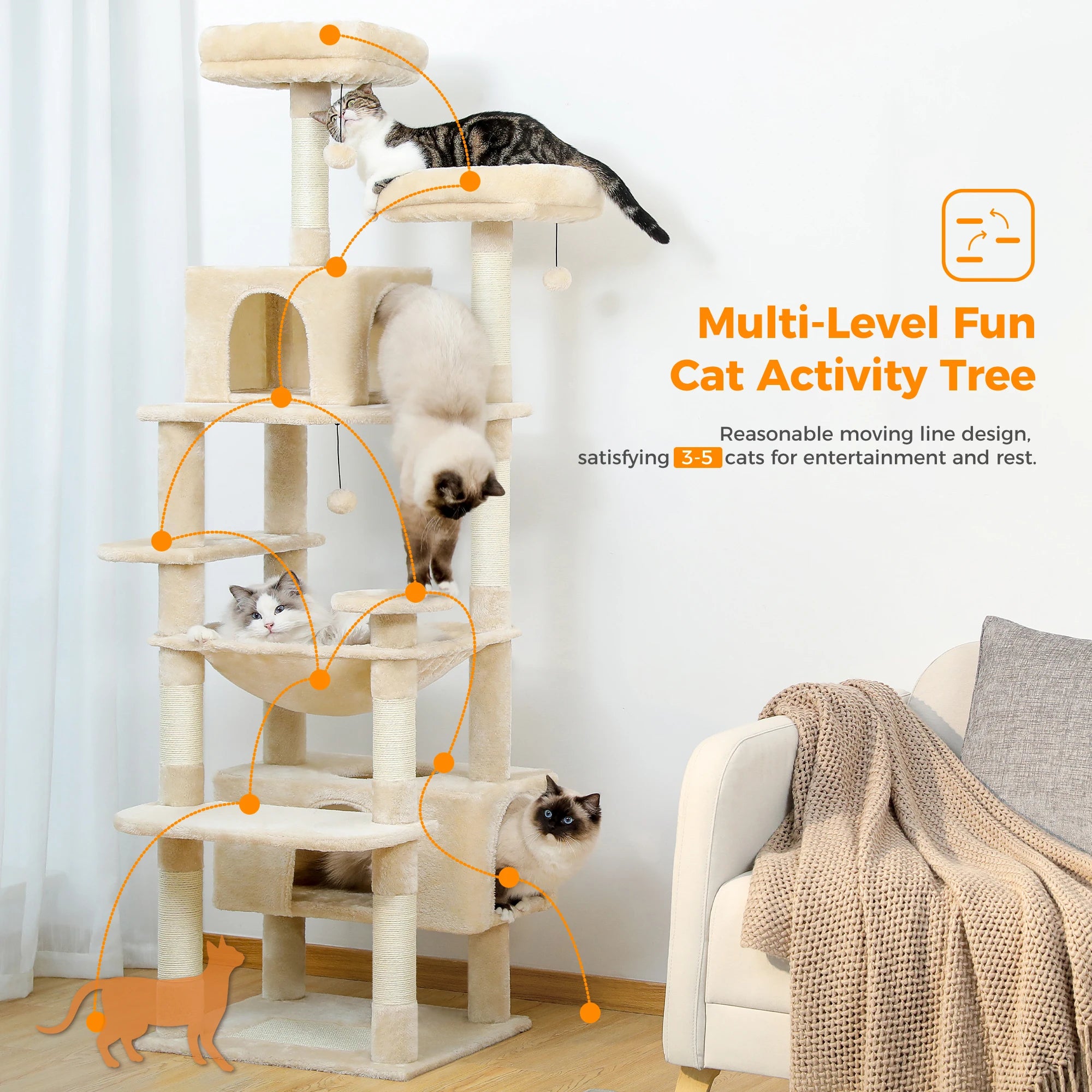 Cat tree tower showing scratching posts wrapped in sisal rope