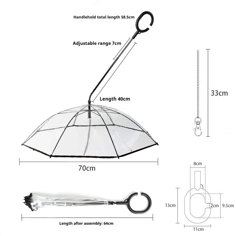 Clear umbrella protecting dog from rain during outdoor walk